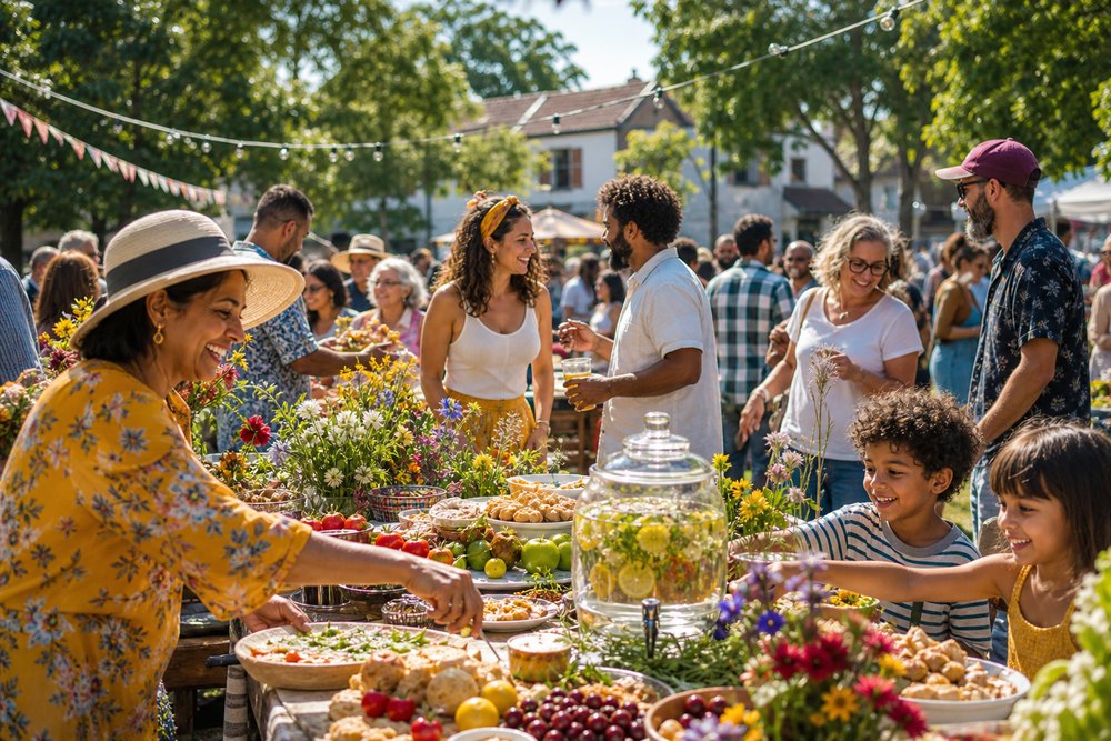 A sunlit village festival, families gathered over food and flowers