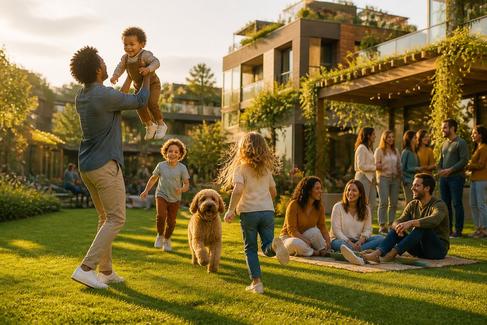 Families on a village green at golden hour, modern green architecture behind