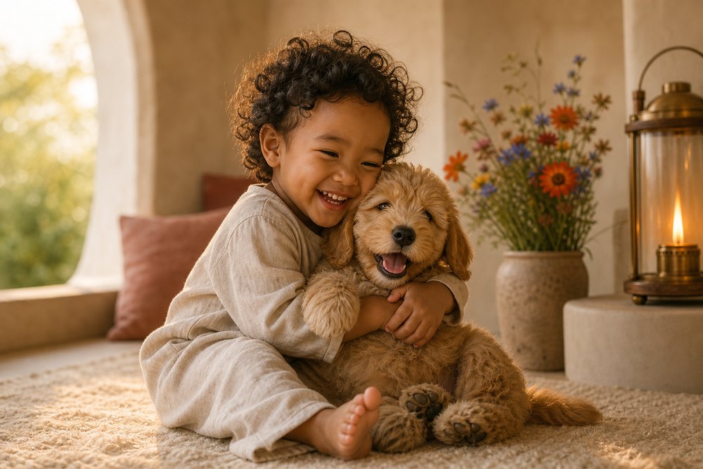 A giggling Blasian toddler reaching up beside a golden doodle puppy