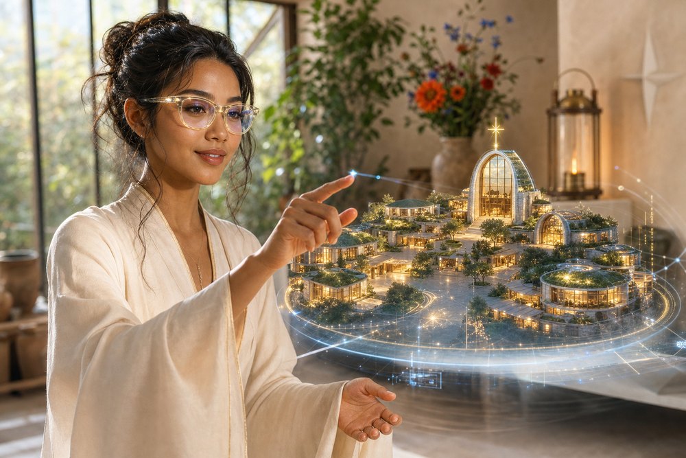 A young Christofuturist designing a village in a glowing AR interface