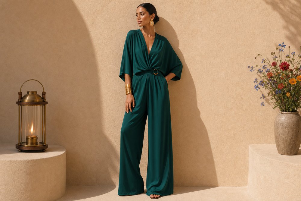 Christofuturist womenswear, an emerald wide leg jumpsuit