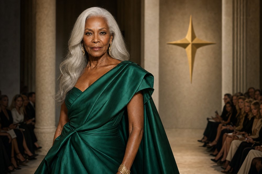 A Christofuturist fashion show, an elder model on the sunlit runway