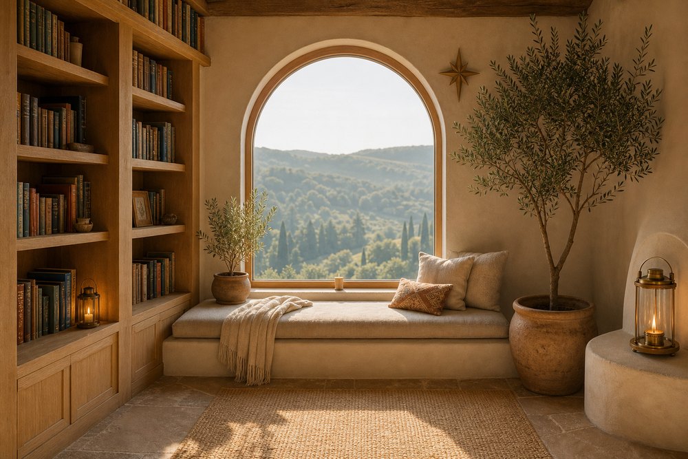 A sunlit reading and prayer nook with a view of green hills