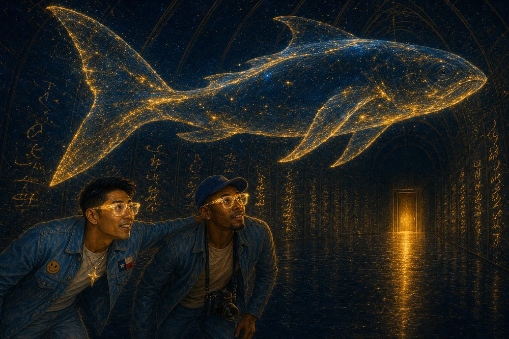 A great luminous whale drifting through the air above two visitors in an immersive Kingdom experience