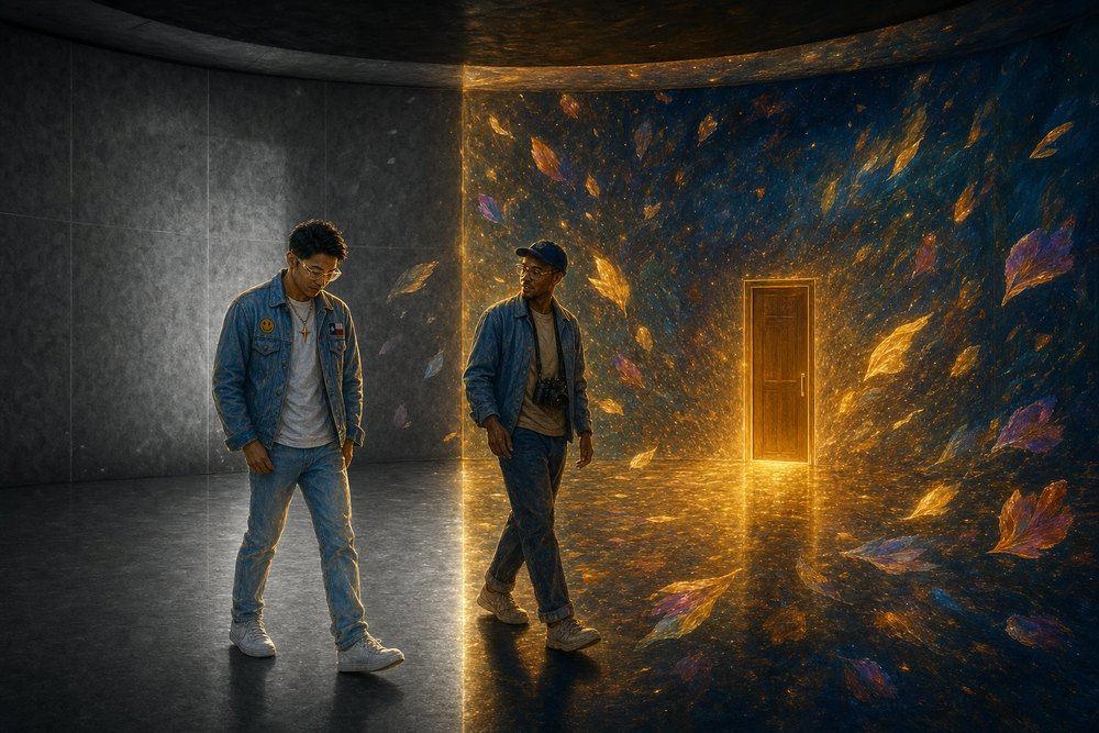 A wall bursting into a cloud of light as wonder breaks into the room around the visitors