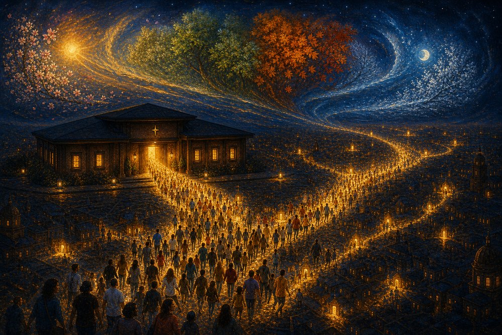 A cosmic swirl of light arcing over a crowd on a glowing path