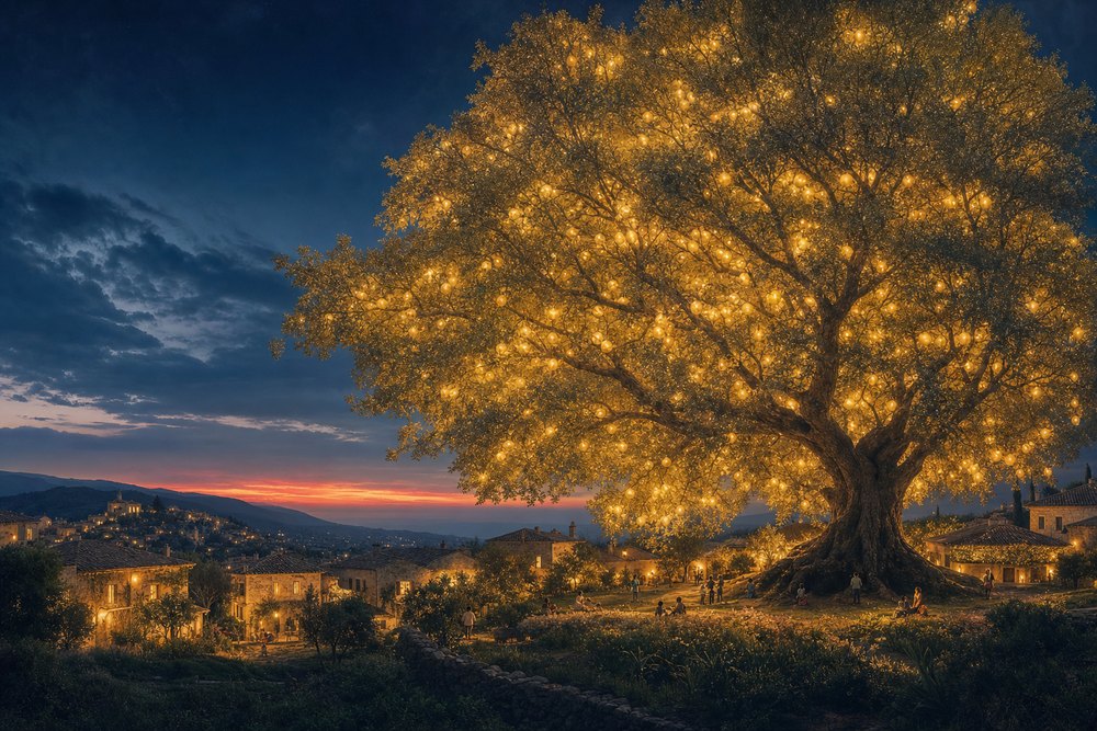 A golden tree sheltering a flourishing village